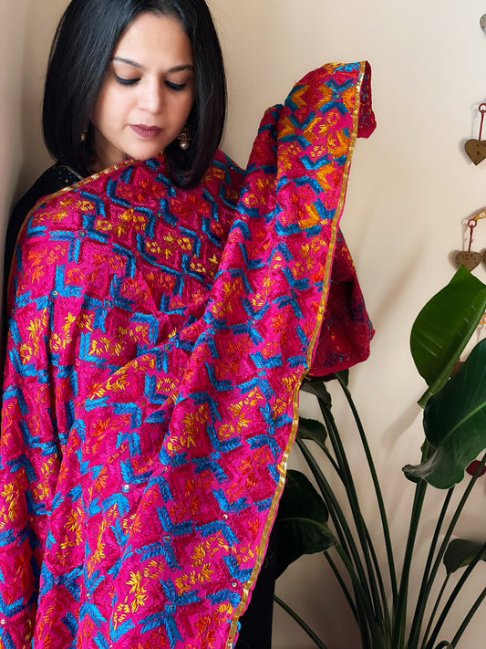 Handmade Bagh Phulkari Dupatta in Crepe