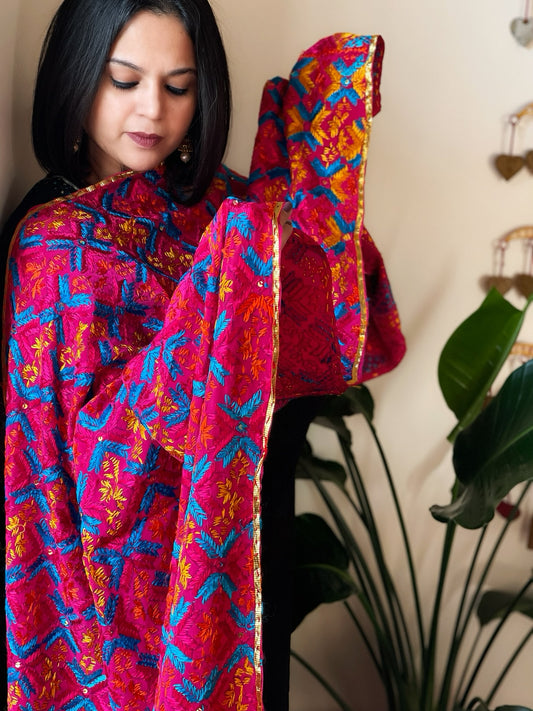 Handmade Bagh Phulkari Dupatta in Crepe