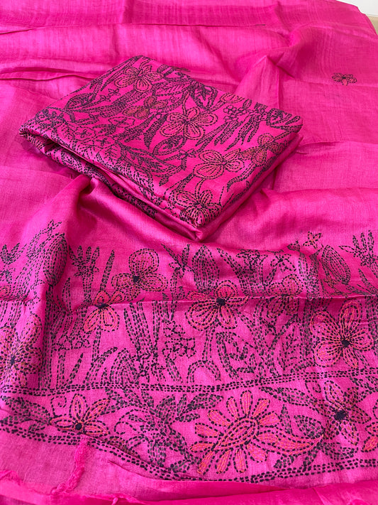 Pink Suit Set with Kantha Handwork in Pure Tussar Silk