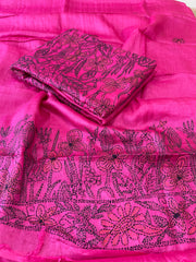 Pink Suit Set with Kantha Handwork in Pure Tussar Silk