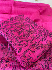 Pink Suit Set with Kantha Handwork in Pure Tussar Silk