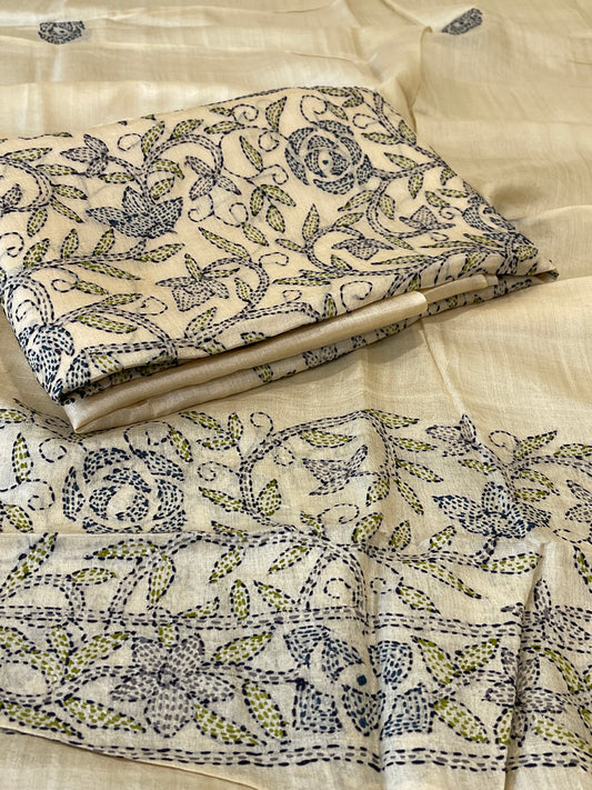 Cream Suit Set with Kantha Handwork in Pure Tussar Silk