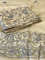 Cream Suit Set with Kantha Handwork in Pure Tussar Silk