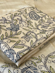 Cream Suit Set with Kantha Handwork in Pure Tussar Silk