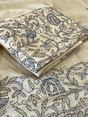 Cream Suit Set with Kantha Handwork in Pure Tussar Silk