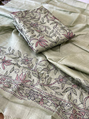 Pista Green Suit Set with Kantha Handwork in Pure Tussar Silk