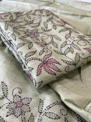 Pista Green Suit Set with Kantha Handwork in Pure Tussar Silk