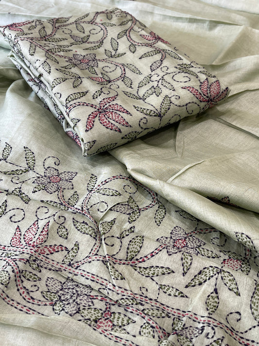 Pista Green Suit Set with Kantha Handwork in Pure Tussar Silk