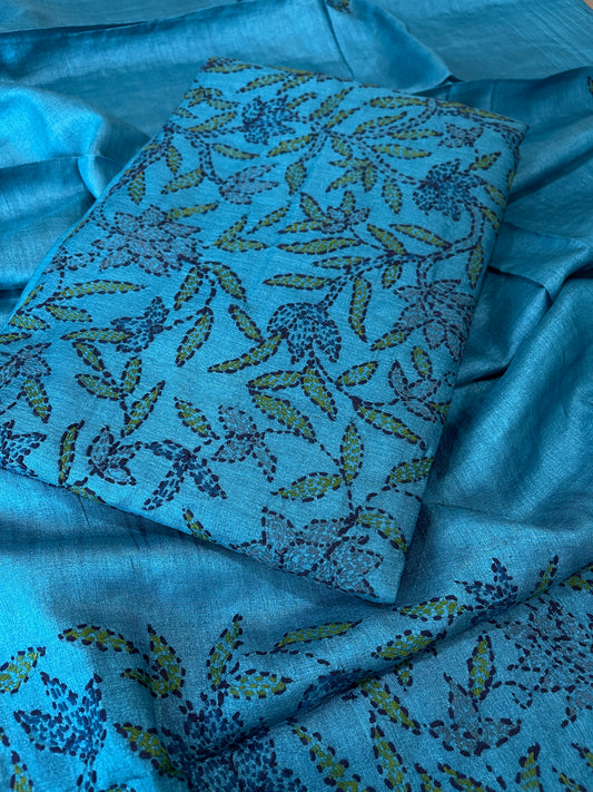 Blue Suit Set with Kantha Handwork in Pure Tussar Silk