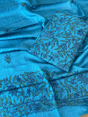 Blue Suit Set with Kantha Handwork in Pure Tussar Silk