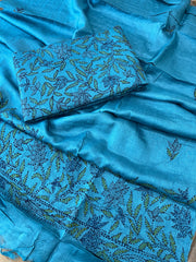 Blue Suit Set with Kantha Handwork in Pure Tussar Silk