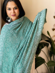 Teal Rai Bandhej Dupatta with Lucknowi Handwork in Pure Georgette