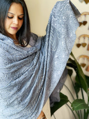 Grey Rai Bandhej Dupatta with Lucknowi Handwork in Pure Georgette