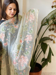 Cream with Lime Tinge Kota Cotton Dupatta with Thread Embroidery