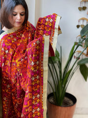 Red Designer Phulkari Dupatta in Khaddar Cotton