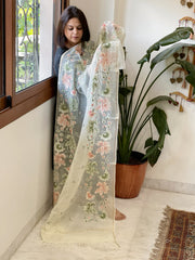 Cream with Lime Tinge Kota Cotton Dupatta with Thread Embroidery