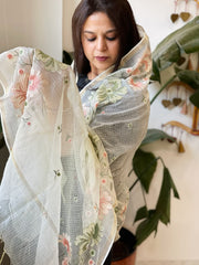 Cream with Lime Tinge Kota Cotton Dupatta with Thread Embroidery