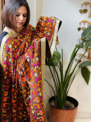 Cola Brown Designer Phulkari Dupatta in Khaddar Cotton