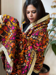 Cola Brown Designer Phulkari Dupatta in Khaddar Cotton