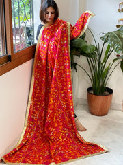Red Designer Phulkari Dupatta in Khaddar Cotton