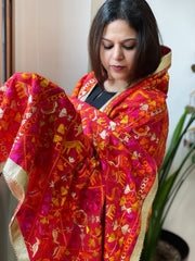 Red Designer Phulkari Dupatta in Khaddar Cotton