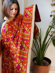 Deep Red Designer Phulkari Dupatta in Khaddar Cotton