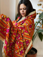 Deep Red Designer Phulkari Dupatta in Khaddar Cotton