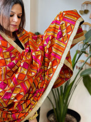 Deep Red Designer Phulkari Dupatta in Khaddar Cotton