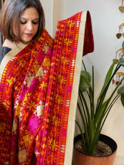 Red Designer Phulkari Dupatta in Khaddar Cotton
