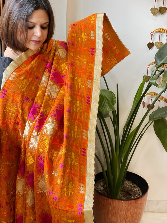Mustard Designer Phulkari Dupatta in Khaddar Cotton