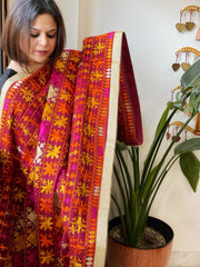 Deep Red Designer Phulkari Dupatta in Khaddar Cotton