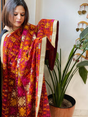 Deep Red Designer Phulkari Dupatta in Khaddar Cotton