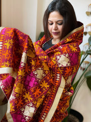 Deep Red Designer Phulkari Dupatta in Khaddar Cotton