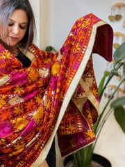 Deep Red Designer Phulkari Dupatta in Khaddar Cotton