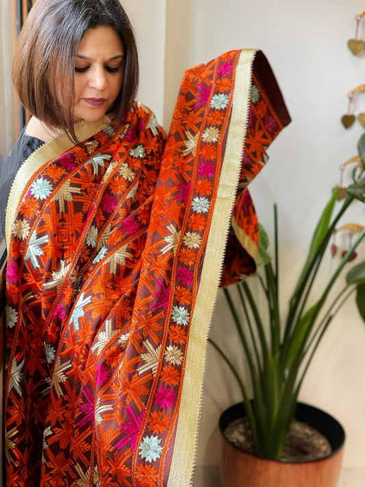 Cola Brown Designer Phulkari Dupatta in Khaddar Cotton