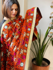 Cola Brown Designer Phulkari Dupatta in Khaddar Cotton