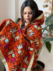 Cola Brown Designer Phulkari Dupatta in Khaddar Cotton