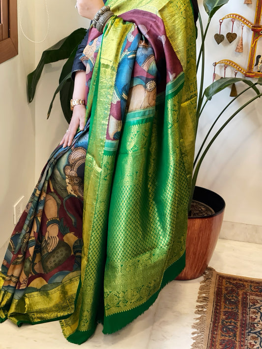 Handpainted Ramayana Theme Kalamkari Saree with Kanchipuram Pattu Border & Pallu in Pure Tussar Silk