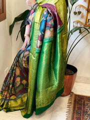 Handpainted Ramayana Theme Kalamkari Saree with Kanchipuram Pattu Border & Pallu in Pure Tussar Silk