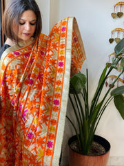 Ivory Designer Phulkari Dupatta in Khaddar Cotton