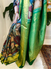 Handpainted Ramayana Theme Kalamkari Saree with Kanchipuram Pattu Border & Pallu in Pure Tussar Silk