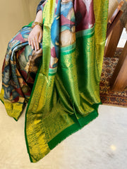 Handpainted Ramayana Theme Kalamkari Saree with Kanchipuram Pattu Border & Pallu in Pure Tussar Silk