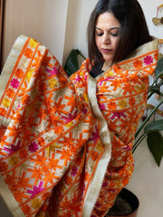 Ivory Designer Phulkari Dupatta in Khaddar Cotton