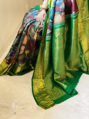 Handpainted Ramayana Theme Kalamkari Saree with Kanchipuram Pattu Border & Pallu in Pure Tussar Silk