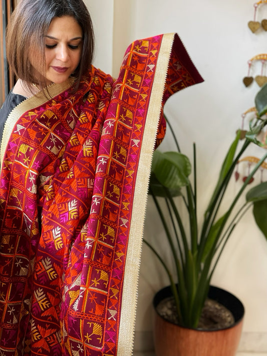 Maroon Designer Phulkari Dupatta in Khaddar Cotton