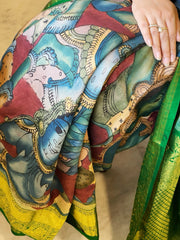 Handpainted Ramayana Theme Kalamkari Saree with Kanchipuram Pattu Border & Pallu in Pure Tussar Silk