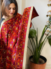 Maroon Designer Phulkari Dupatta in Khaddar Cotton