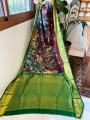 Handpainted Ramayana Theme Kalamkari Saree with Kanchipuram Pattu Border & Pallu in Pure Tussar Silk