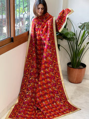 Maroon Designer Phulkari Dupatta in Khaddar Cotton