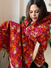 Maroon Designer Phulkari Dupatta in Khaddar Cotton
